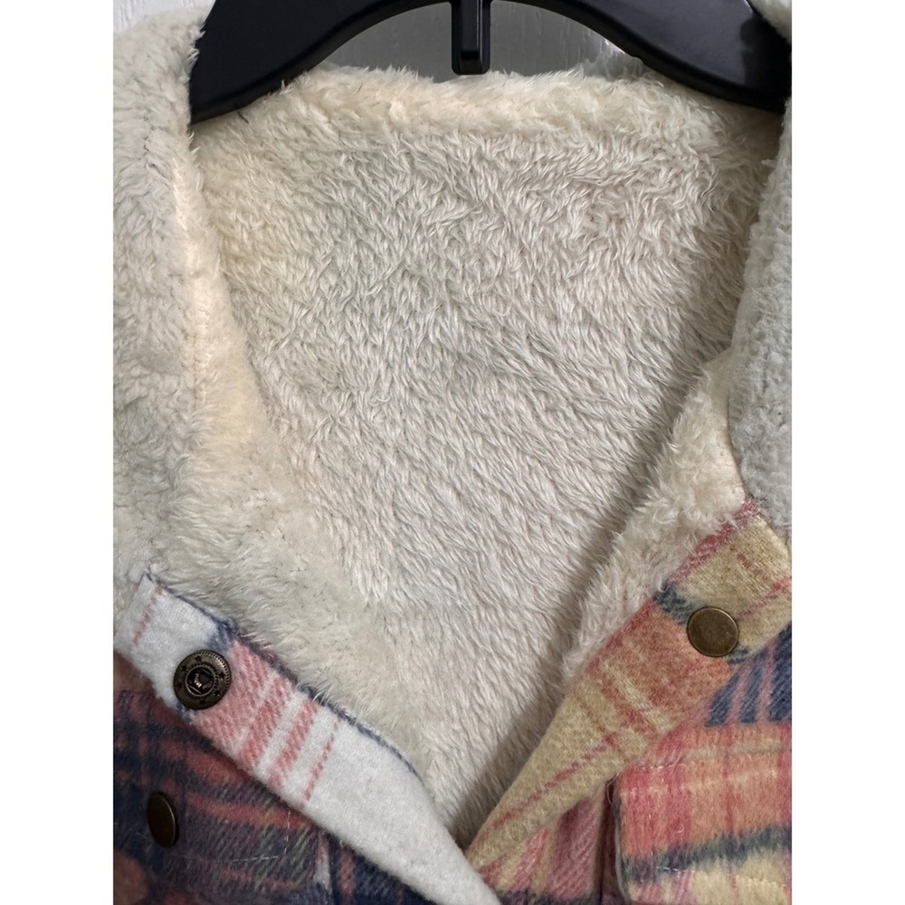 Womens Plaid Sherpa Lined Hooded Shacket Jacket Pink Blue Yellow Cream L - Picture 4 of 9